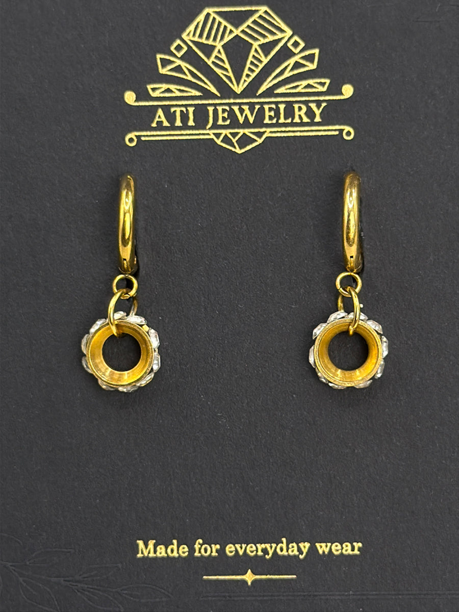 The Gramophone Earrings in 18K Gold Finish with clear crystal circular drops