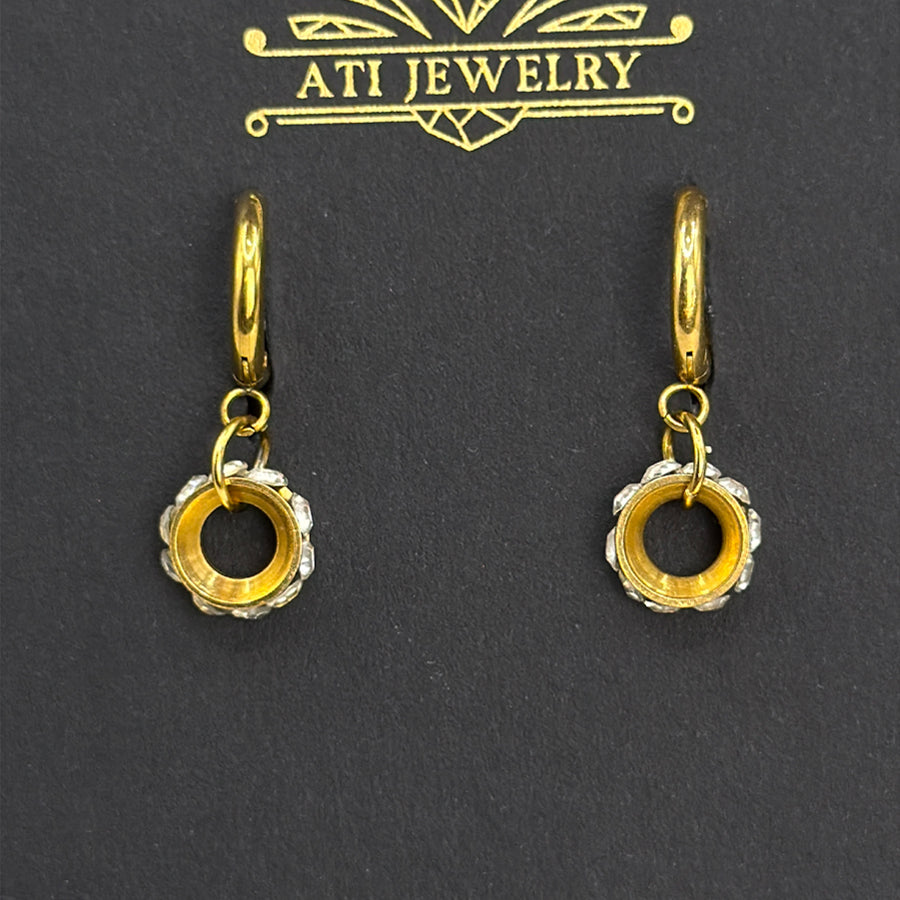 The Gramophone Earrings in 18K Gold Finish with clear crystal circular drops