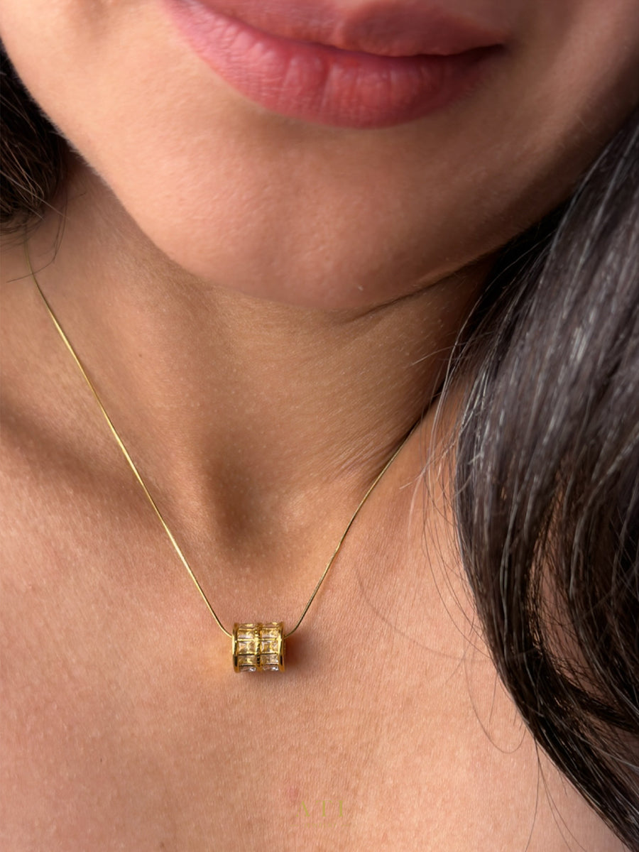 18K Gold Finish Crystal Barrel Necklace worn on model