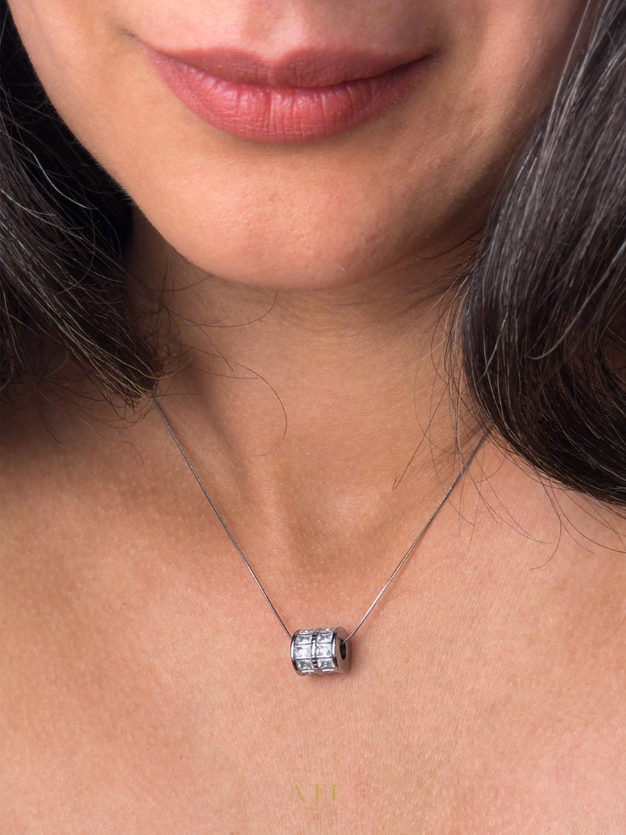 Polished Stainless Steel Crystal Barrel Necklace worn on model