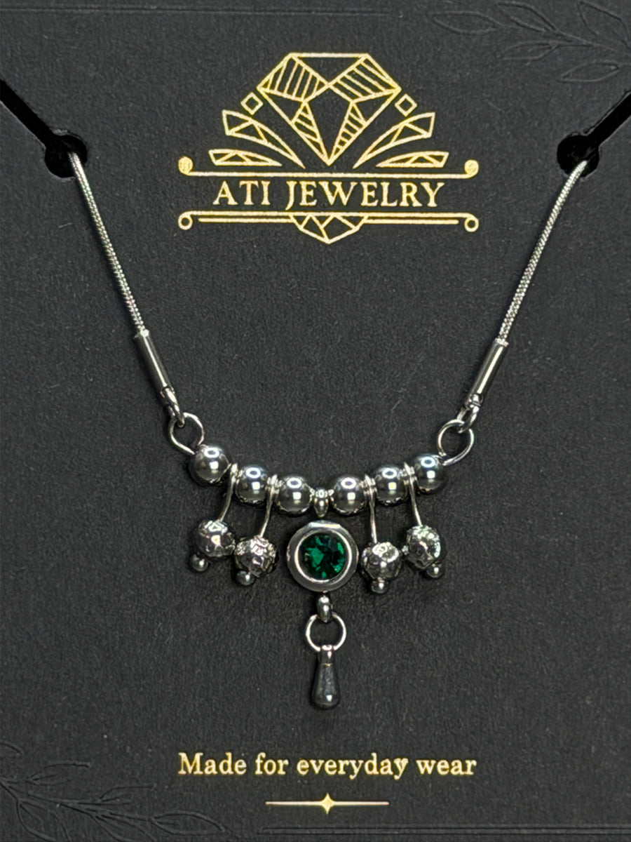 The Queen Necklace in Polished Stainless Steel with Emerald Green crystal by ATI JEWELRY
